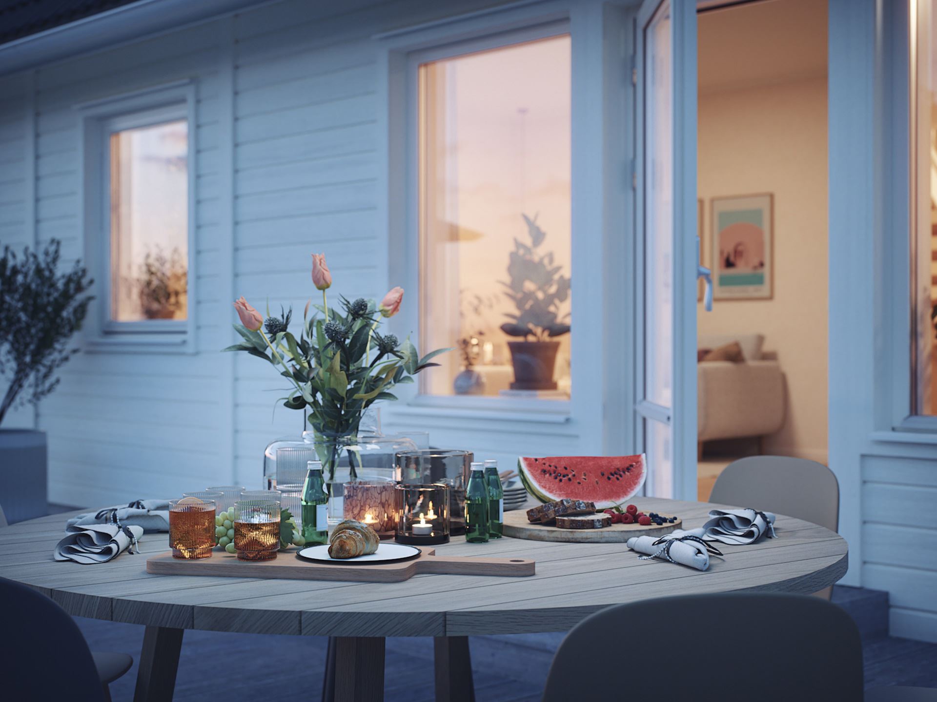 Uteplats med matplats till nybyggt 1/2 planhus