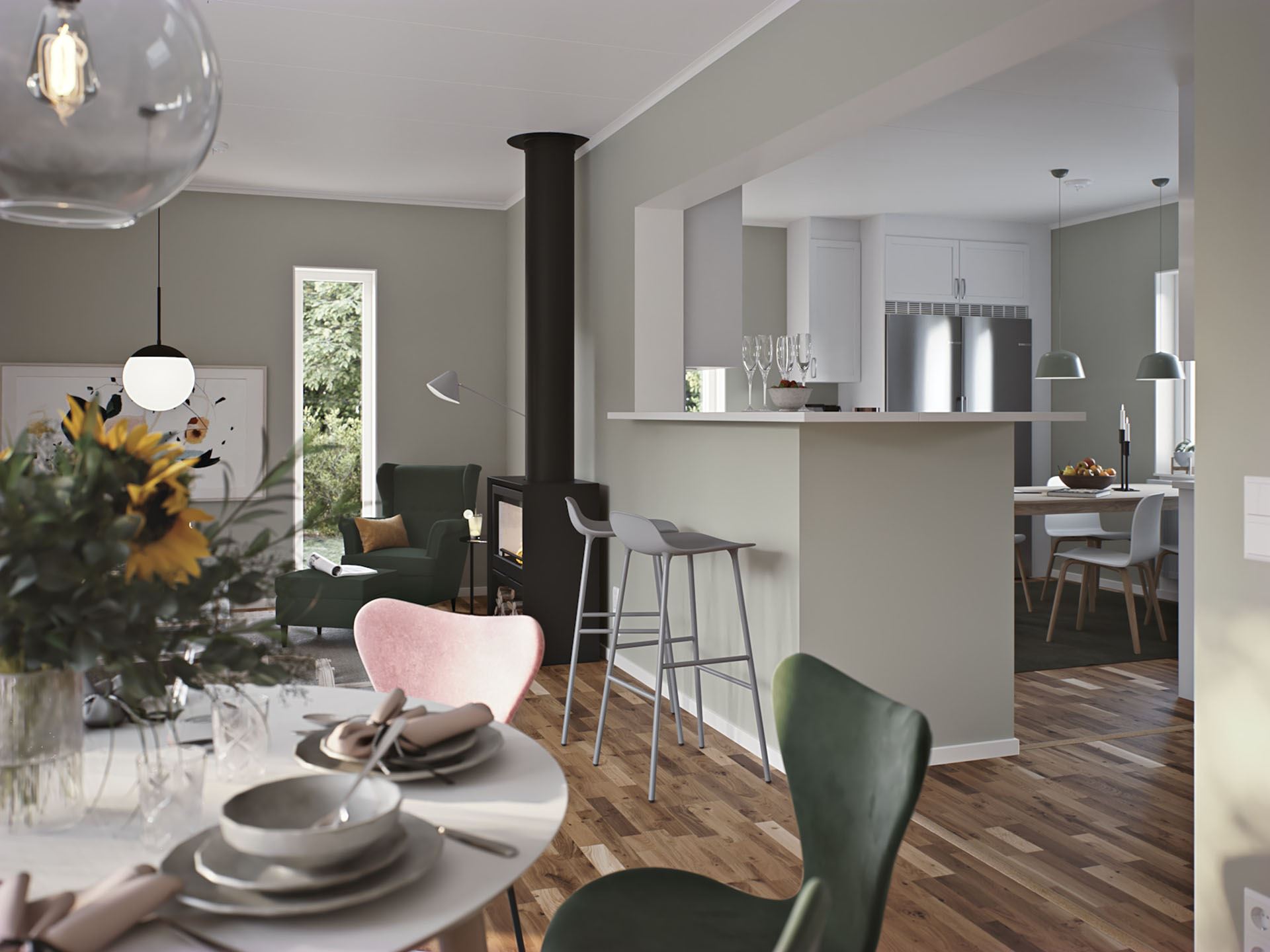 Effektiv och ljus planlösning i vardagsrum