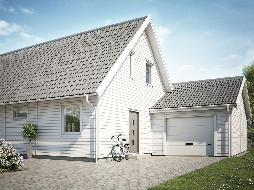 Bygga garage med Smålandsvillan. Sidokopplat garage.